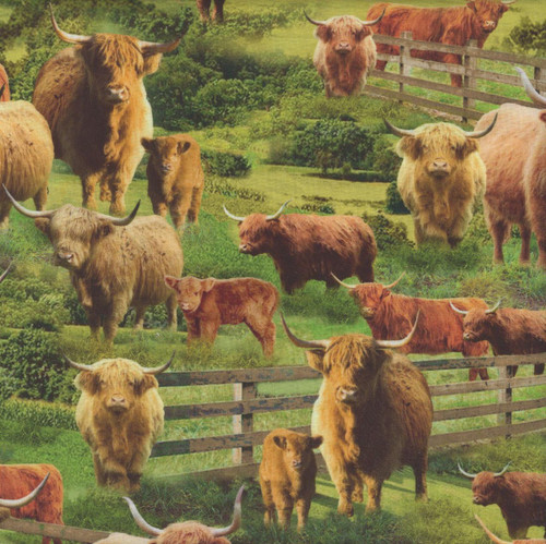 Timeless Treasures Fabrics Happy Place Sewing Packed Flowers Multi, fabric with a wildlife scene featuring bison, oxen, and other animals in a meadow.