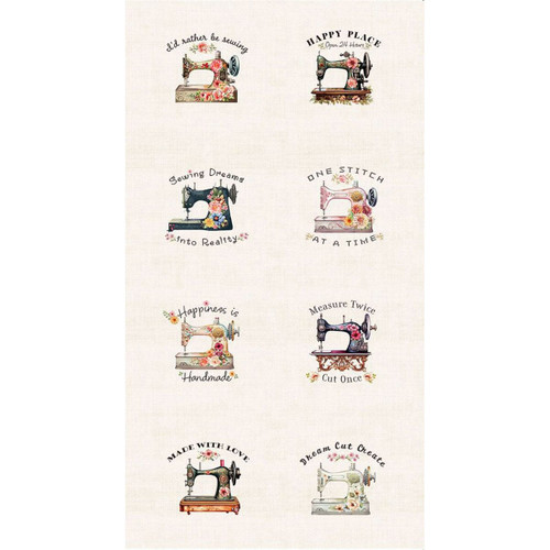 Timeless Treasures Fabrics Happy Place Sewing Floral Sewing Machines Panel 24 Inch Cream