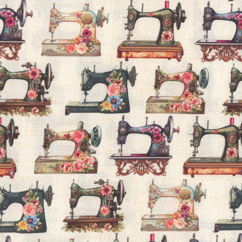 Timeless Treasures Fabrics Happy Place Sewing Floral Sewing Machines Ecru