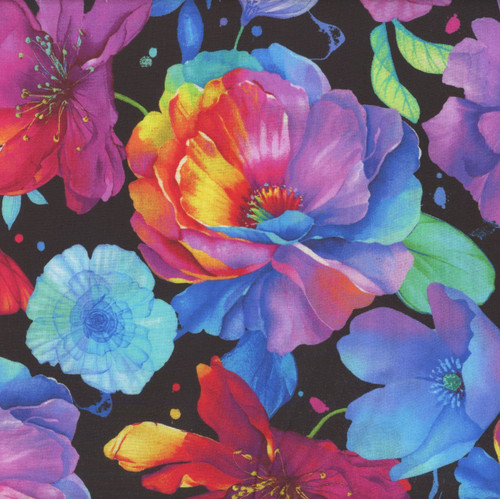 Timeless Treasures Fabrics Petal Power Large Floral On Black Black