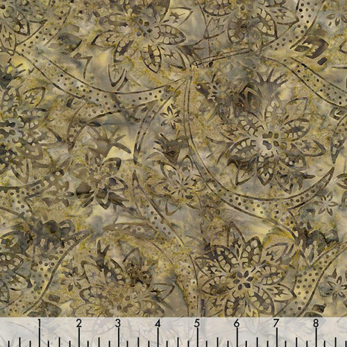 Timeless Treasures Fabrics Apple Basket Tonga Batiks Holiday Clay, fabric with intricate floral and paisley patterns in earthy tones of beige, brown, and gold.