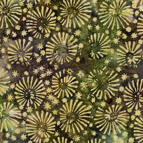 Timeless Treasures Fabrics Apple Basket Tonga Batiks Snazzy Swirls Moss, a fabric featuring a pattern of fireworks-like bursts in yellow and green with a dark background.