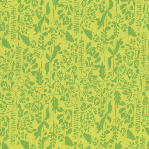 Windham Fabrics Tamara Kate Insectarium Grass Meander, green fabric with a dense pattern of insects and botanical elements.