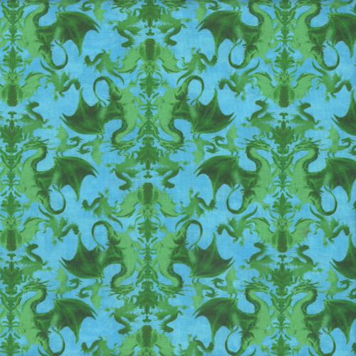 Windham Fabrics Dragon Kingdom Heraldry Green, fabric with a detailed pattern of green dragons and heraldic motifs on a blue background.