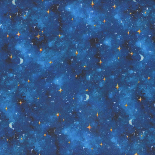 Windham Fabrics Dragon Kingdom Stardust Sky, starry night sky fabric with gold and white stars, moon illustrations, and galaxy background