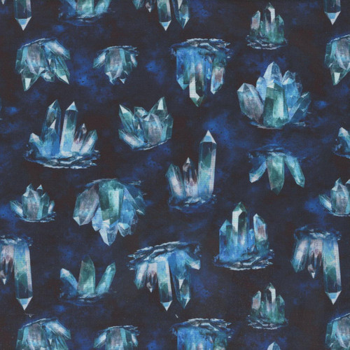 Windham Fabrics Dragon Kingdom Crystal Magic Quartz, fabric pattern featuring blue and green crystals on a dark background.