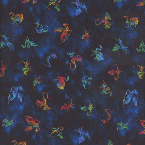 Windham Fabrics Dragon Kingdom Take Flight Midnight, fabric with colorful dragons flying on a dark blue background.
