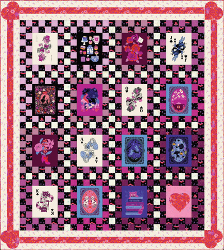 Moda Fabrics Ruby Star Society Hello Alice Quilt Kit, vibrant quilt featuring card suit symbols and whimsical illustrations on a purple and black checkerboard background with decorative borders.