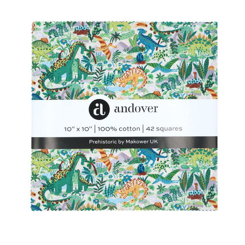 Andover Fabrics Prehistoric Dinosaurs by Makower UK Layer Cake 40 x Ten Inch Squares