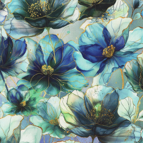 Hoffman Fabrics Flourish Poppies Floral Seamist Green