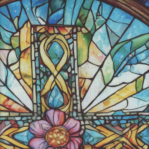 Henry Glass Fabrics Faith In Full Color Turquoise Blue Black Stained Glass Window Panel 24 Inch