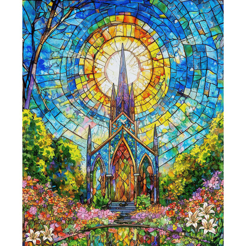Henry Glass Fabrics Faith In Full Color Turquoise Blue Multi Stained Glass Church Panel 36 Inch