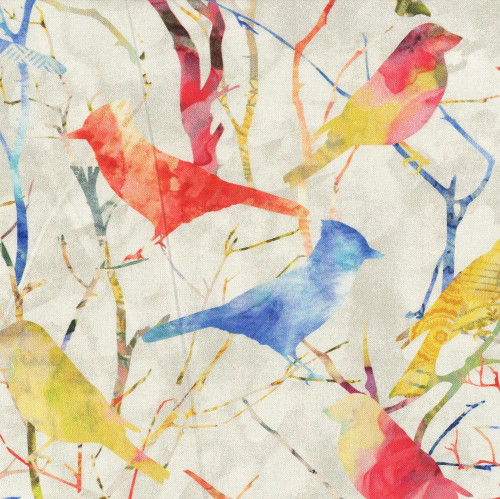 Studio E Fabrics Air Mail by Nancy Smith Mist Blue Green Bird Silhouette Allover, colorful bird silhouettes on a light background with leafless branches.