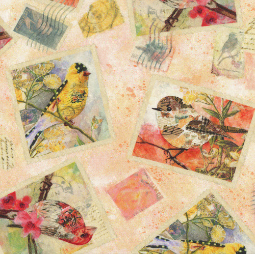 Studio E Fabrics Air Mail by Nancy Smith Peach Pink Postcard Toss