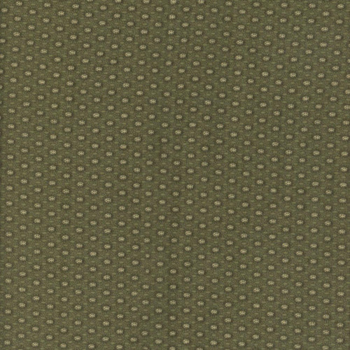 Marcus Fabrics Mercantile Flannels Pam Buda Green Ovation, fabric with small, evenly spaced floral pattern in shades of green and beige.