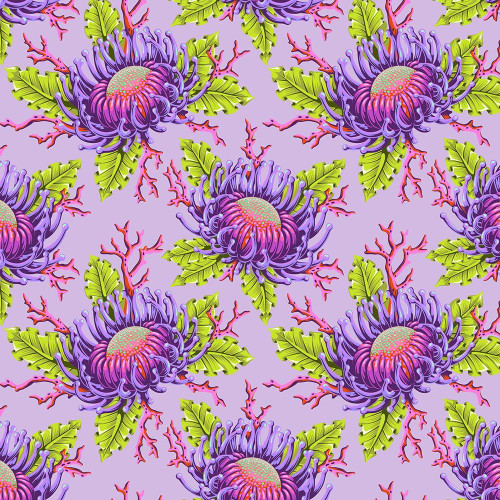 FreeSpirit Fabrics Floral Reef by Tula Pink Friends & Anemones Ultraviolet Purple, vibrant floral pattern with purple and pink anemone flowers, green leaves, and coral accents on a violet background.