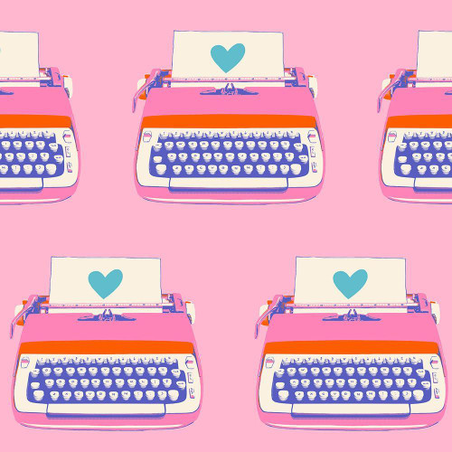 Moda Best Day Ever Ruby Star Society Melody Miller Posy Pink Typewriters Retro Vintage, pattern of pink vintage typewriters with a blue heart on paper against a pink background.