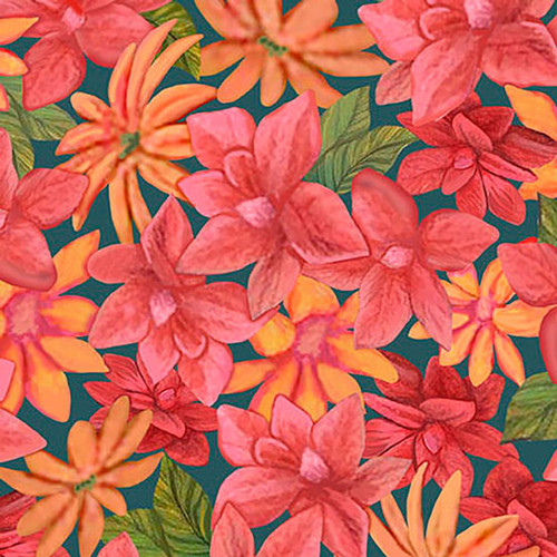 Quilting Treasures Fabrics Faith Can Move Mountains Blue Pink Orange Packed Tropical Floral