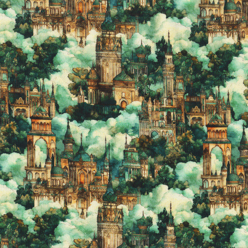Quilting Treasures Fabrics Folklore by Dan Morris Teal Blue Gold Castles in the Clouds