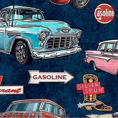 Quilting Treasures Fabrics Get Your Kicks Route 66 by Dan Morris Blue Cars Motels Signs