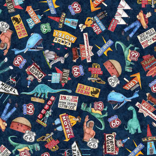Quilting Treasures Fabrics Get Your Kicks Route 66 by Dan Morris Navy Blue Atractions Icons