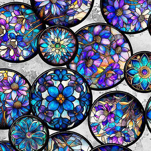 Quilting Treasures Fabrics Mosaic Blooms by Dan Morris Grey Purple Blue Floral Murano Glass Beads