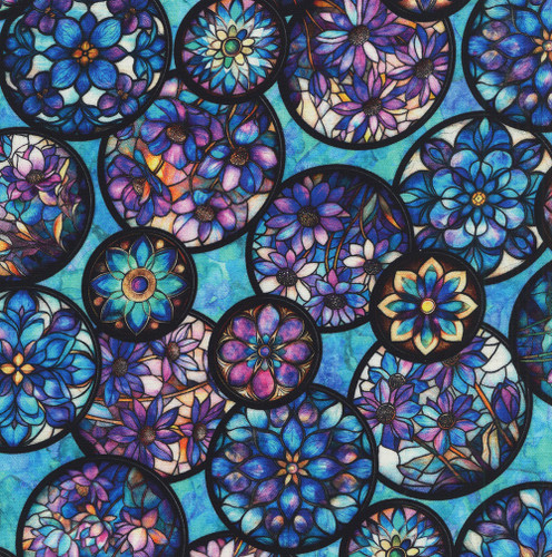 Quilting Treasures Fabrics Mosaic Blooms by Dan Morris Blue Purple Floral Murano Glass Beads