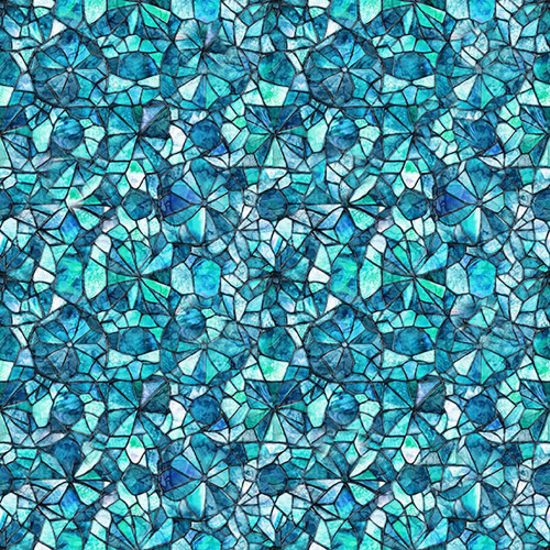 Quilting Treasures Fabrics Mosaic Blooms by Dan Morris Turquoise Blue Mosaic Stained Glass, a detailed pattern resembling stained glass artwork with shades of turquoise and blue.