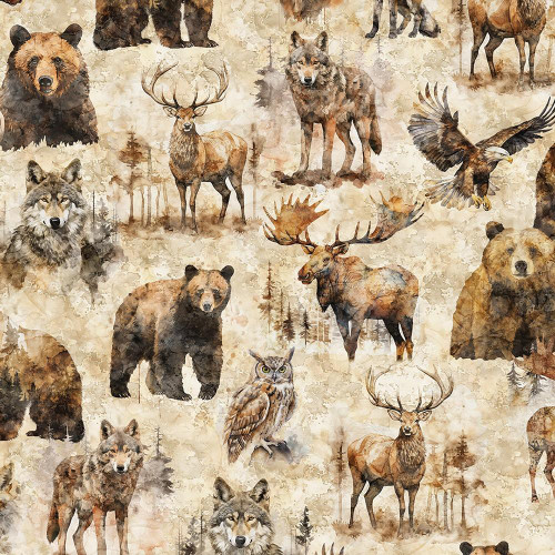 Quilting Treasures Fabrics Mountain Splendor by Dan Morris Cream Elk Moose Bear Wolf, a fabric with watercolor-style illustrations of various wild animals including elk, moose, bears, wolves, wolves, and an eagle, set against a cream background with trees and a textured watercolor effect.