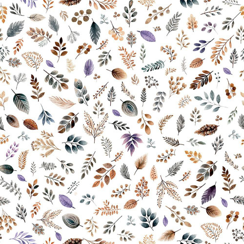 Quilting Treasures Fabrics Night Owls by Dan Morris White Purple Leaves Foliage, digital print fabric featuring a pattern of various leaves and foliage in white, purple, brown, and beige shades on a white background.