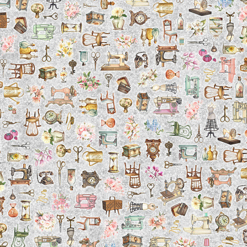 Quilting Treasures Fabrics Sew Shabby Chic By Dan Morris Grey Sewing Antiquities Tools Notions