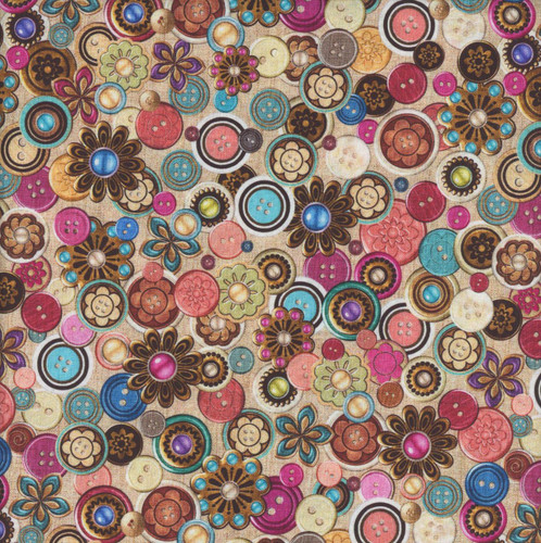 Quilting Treasures Fabrics Sew Shabby Chic By Dan Morris Antique Cream Pink Brass Buttons, colorful fabric with floral and button patterns.