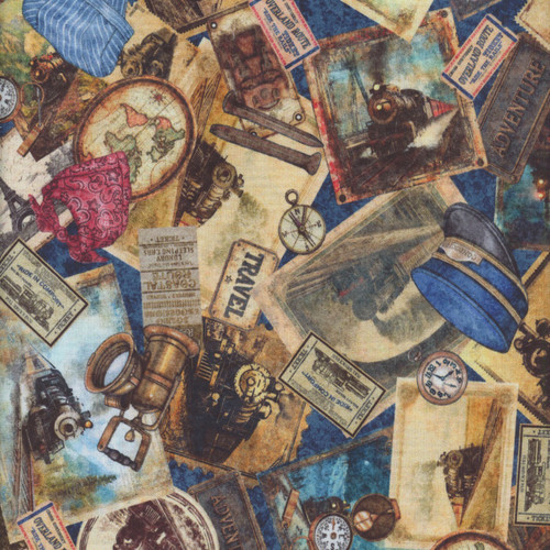 Quilting Treasures Fabrics Steam and Steel by Dan Morris  Brown Vintage Train Ephemora Collage