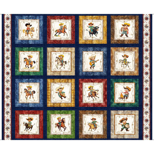 Quilting Treasures Fabrics Yippie Ki Yay! By Dan Morris Creative Red Blue Cowboys Cowgirls Panel, colorful farm-themed fabric with cowboys and cowgirls riding horses, playing guitar, and camping, suitable for quilting and craft projects.
