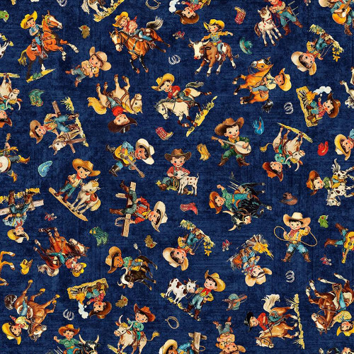 Quilting Treasures Fabrics Yippie Ki Yay! By Dan Morris Creative Blue Cowboy Cowgirl Toss fabric, featuring playful illustrated cowboys and cowgirls riding horses, playing guitars, and engaging in Western-themed activities on a deep blue background.
