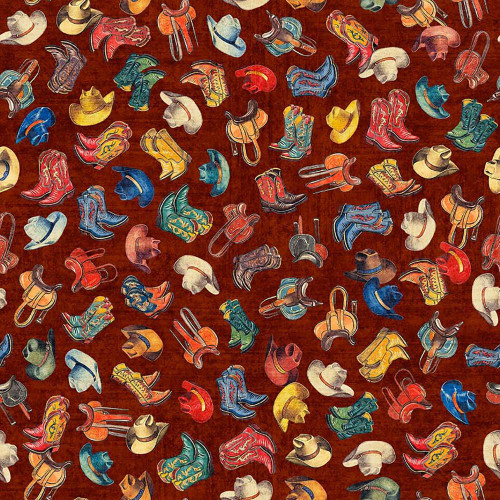 Quilting Treasures Fabrics Yippie Ki Yay! By Dan Morris Creative Red Cowboy Hats and Boots fabric, featuring colorful cowboy hats and boots on a red background.