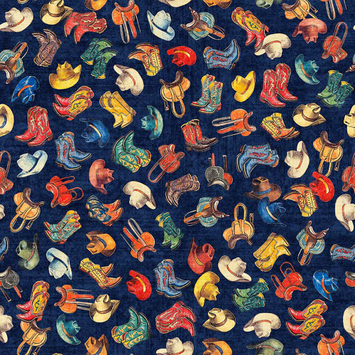 Quilting Treasures Fabrics Yippie Ki Yay! By Dan Morris Creative Blue Cowboy Hats and Boots
