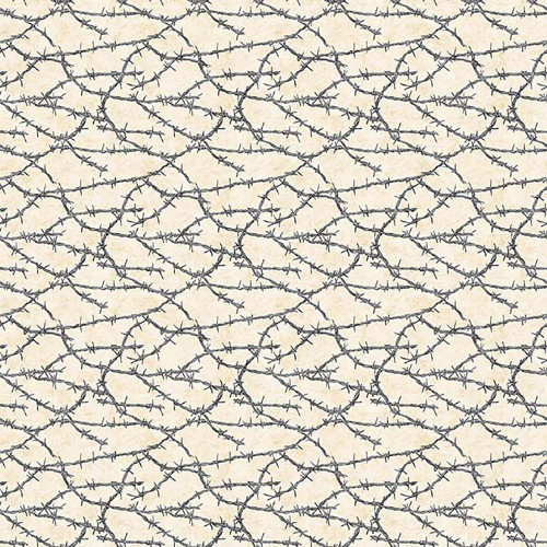 Quilting Treasures Fabrics Yippie Ki Yay! By Dan Morris Creative Cream Barbed Wire fabric, detailed pattern of dark barbed wire on a cream background.