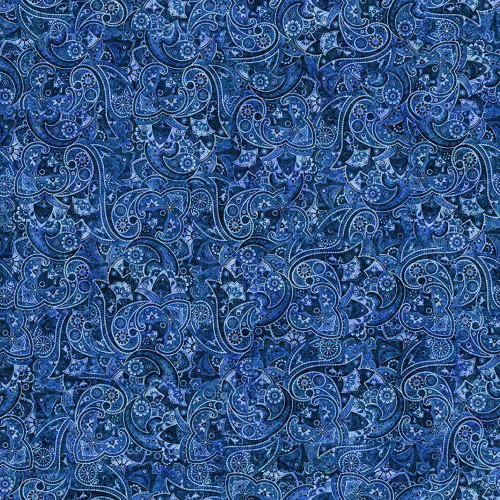 Quilting Treasures Fabrics Yippie Ki Yay! By Dan Morris Creative Denim Blue Bandana Paisley, intricate blue paisley fabric pattern with detailed floral and geometric designs