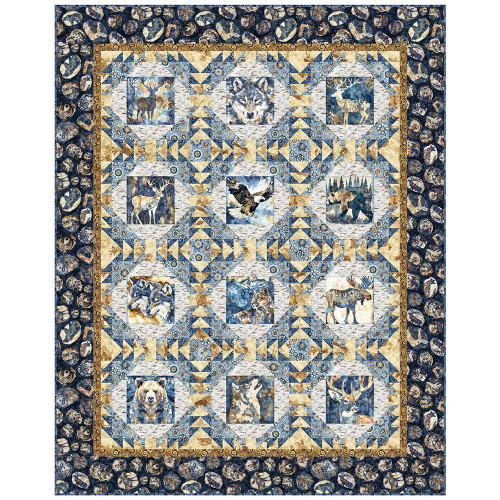 Quilting Treasures Fabrics Mountain Splendor by Dan Morris Wild Places Quilt Kit, a quilt featuring wolf, deer, bear, owl, and moose designs with a woodland landscape theme.