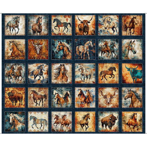 Quilting Treasures Fabrics Born to Run Dan Morris Blue Horses and Bulls Picture Patch Panel