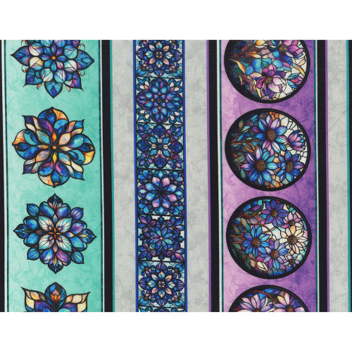Quilting Treasures Fabrics Mosaic Blooms Dan Morris Blue Purple Stained Glass Floral Stripe