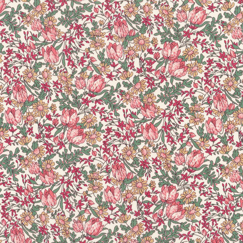 Liberty Fabrics Tana Lawn Francesca Tulip Pink Green Tulips and Wildflowers, a floral fabric pattern featuring pink tulips, green leaves, and yellow wildflowers on a light background.