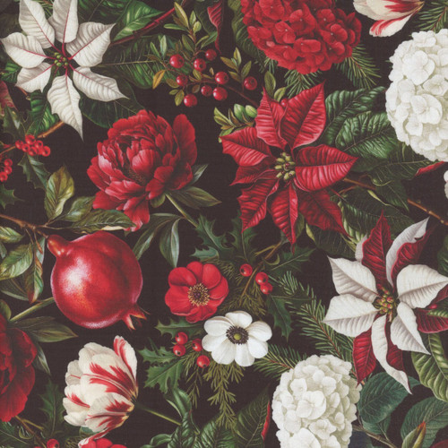 In The Beginning Fabrics Winter Enchantment by Jason Yenter Black Poinsettia Pine Floral