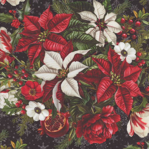 In The Beginning Fabrics Winter Enchantment by Jason Yenter Black Poinsettia Peony Tulip Bouquet
