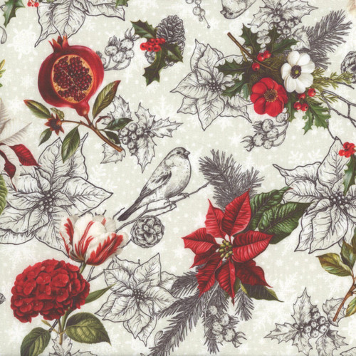 In The Beginning Fabrics Winter Enchantment by Jason Yenter Cream Poinsettia Pomegranate Bird Toile