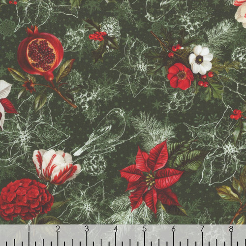 In The Beginning Fabrics Winter Enchantment by Jason Yenter Black Poinsettia Pomegranate Bird Toile
