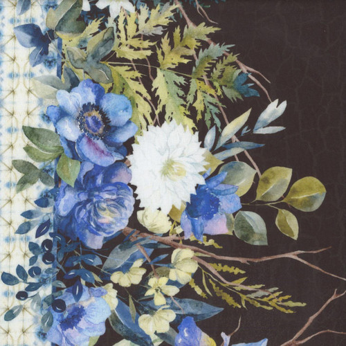 In The Beginning Fabrics Sanctuary by Jason Yenter Black Floral Border, fabric featuring a dark background with a vibrant floral and greenery design.