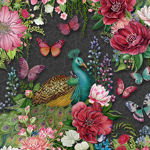 Lumin Fabrics White Owl Wild Garden Nicole Tamarin Peacocks and Flowers Black