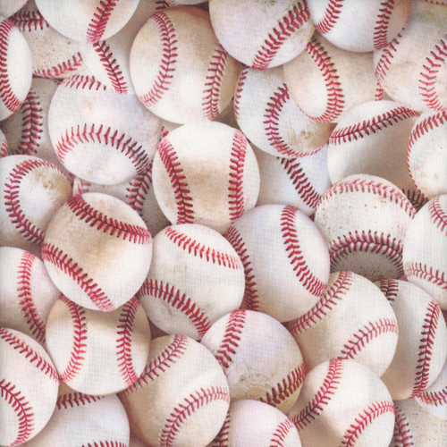 Timeless Treasures Fabrics Sports Novelty White Baseball Collage, close-up of numerous white baseballs with red stitched seams.